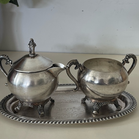 Creamer & Sugar Bowl w/ Tray Silver on Copper Silverplate Set Of 3 VTG - Picture 9 of 11